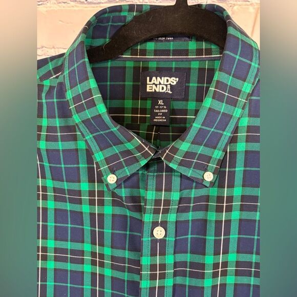 Lands' End Green Blue Tartan Plaid No Iron Twill Classic Button Down Shirt XL - Picture 2 of 9